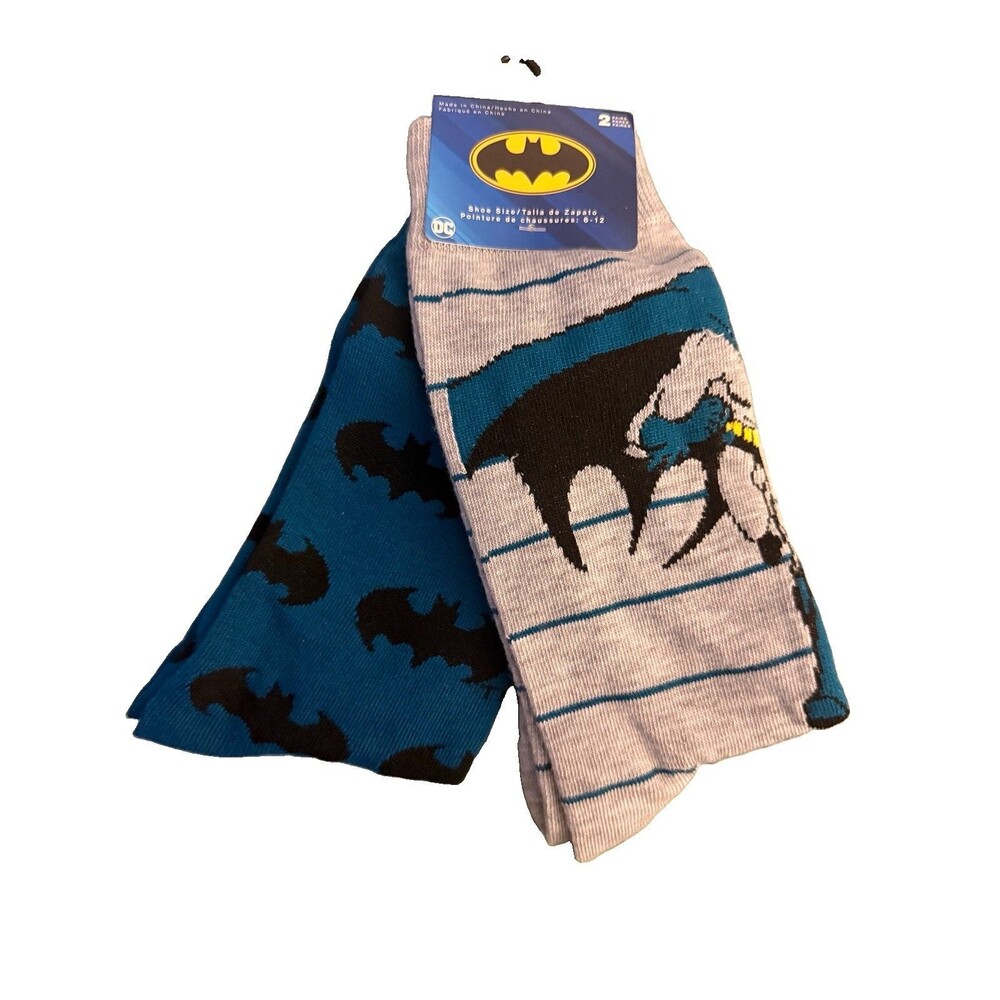Batman Socks 2 Pair Long Socks Mens Shoe Size 6-12 Blue Gray Superhero  New